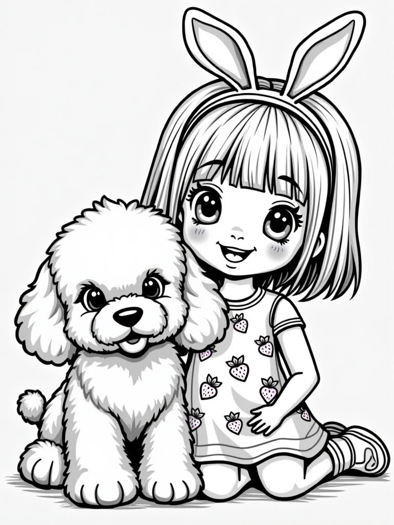 A stuffed poodle toy wearing bunny ears sitting next to a 3 year old little girl with bangs and